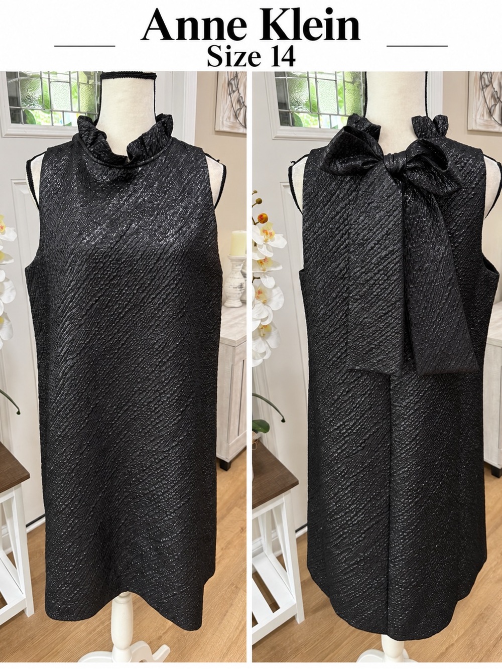 Anne Klein Sleeveless Shift Dress Ruffle Collar Gunmetal Size 14 NWT